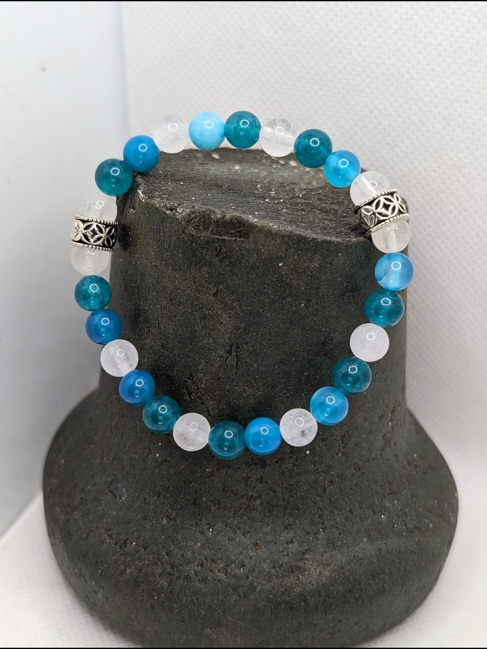 Hand Crafted Turquoise, Teal & White Beaded Stretch Bracelet